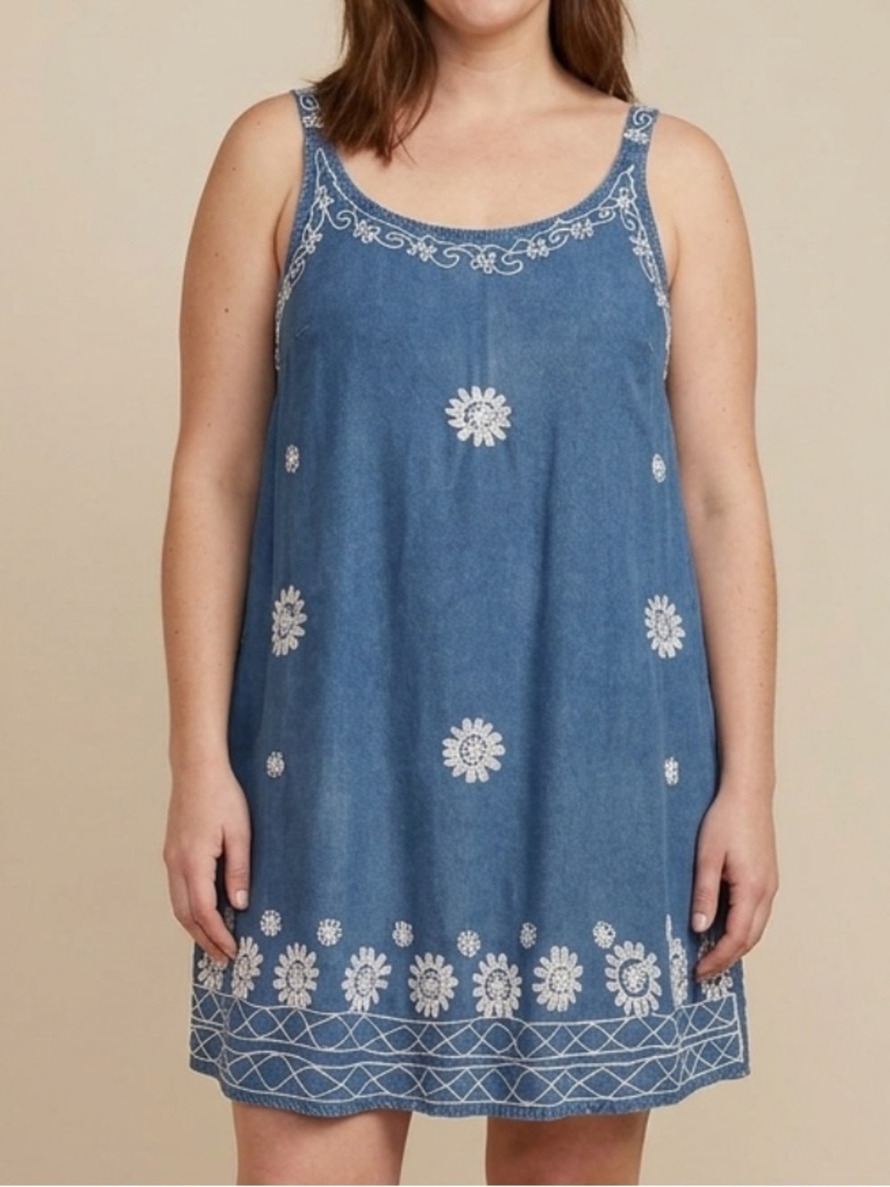 Daisy Island Chambray Floral Embroidered Sundress Size Large A-Line Tank Dress